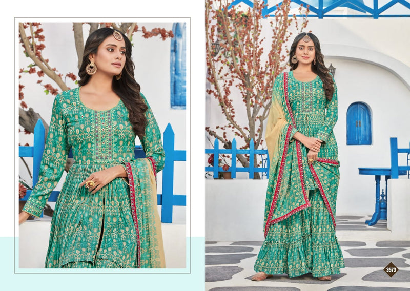 Rangoon Riwaaz Muslin Printed Designer Party Wear Kurtis With Sharara Bottom