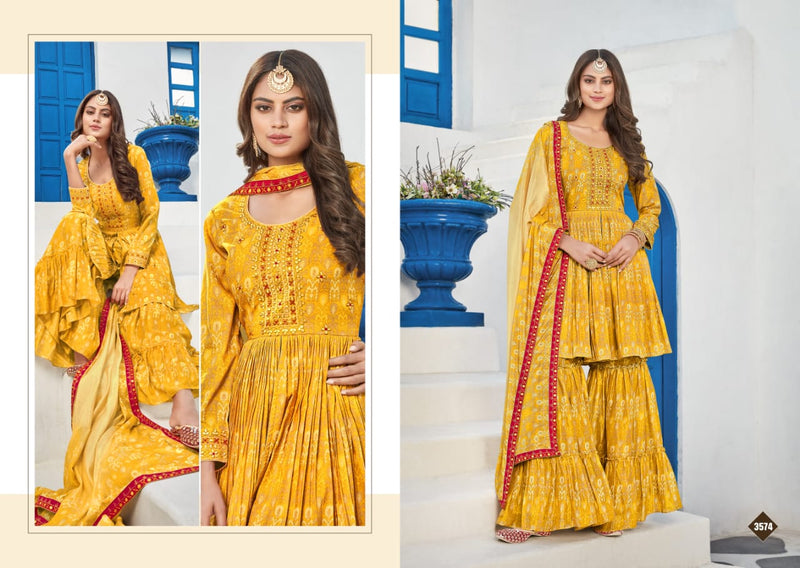 Rangoon Riwaaz Muslin Printed Designer Party Wear Kurtis With Sharara Bottom