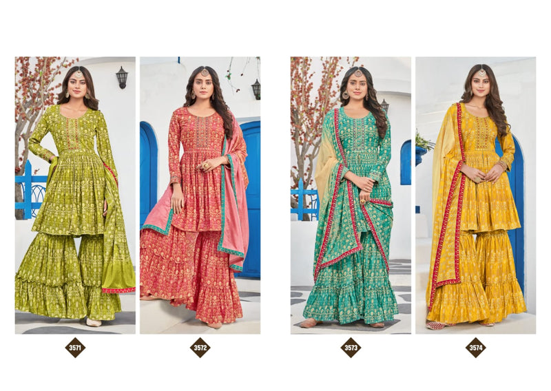 Rangoon Riwaaz Muslin Printed Designer Party Wear Kurtis With Sharara Bottom