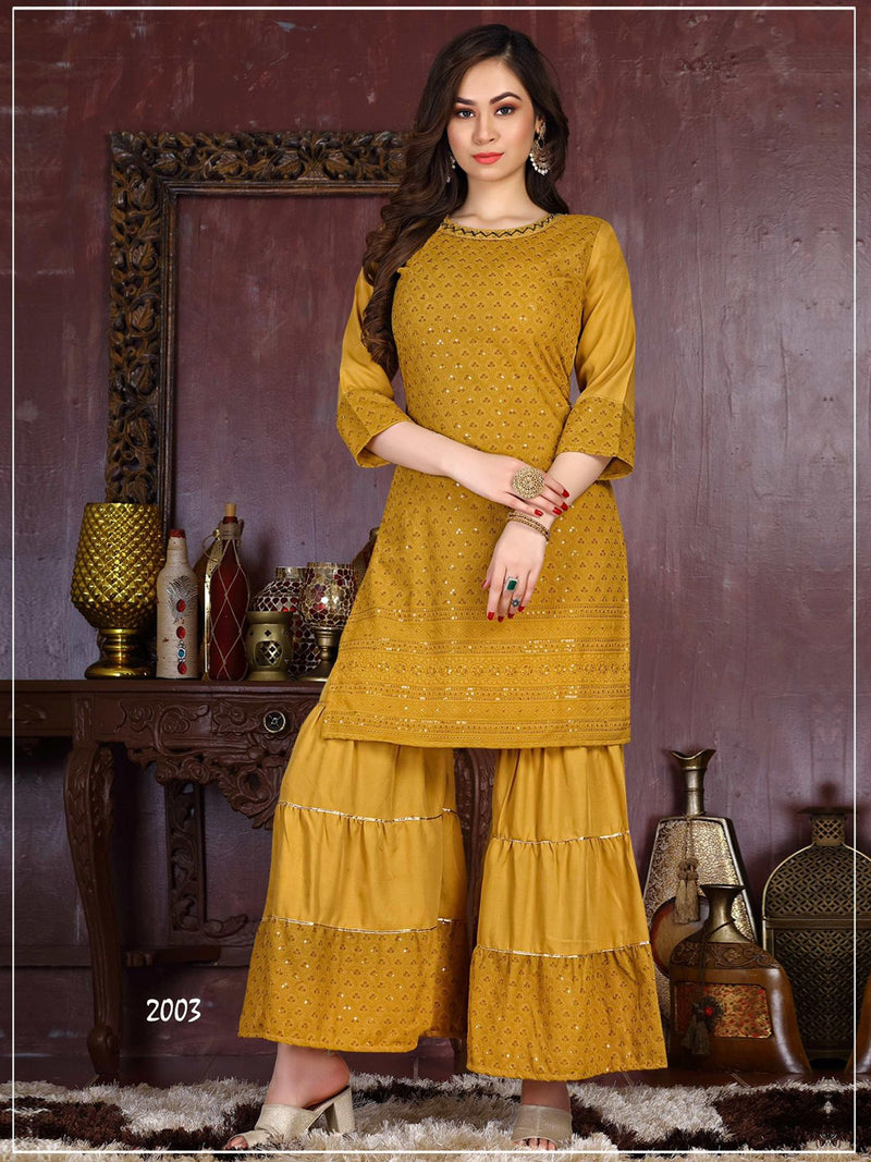 Riya East Chicken Rayon Party Wear Kurtis With Sharara Bottom