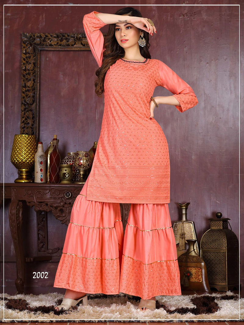 Riya East Chicken Rayon Party Wear Kurtis With Sharara Bottom