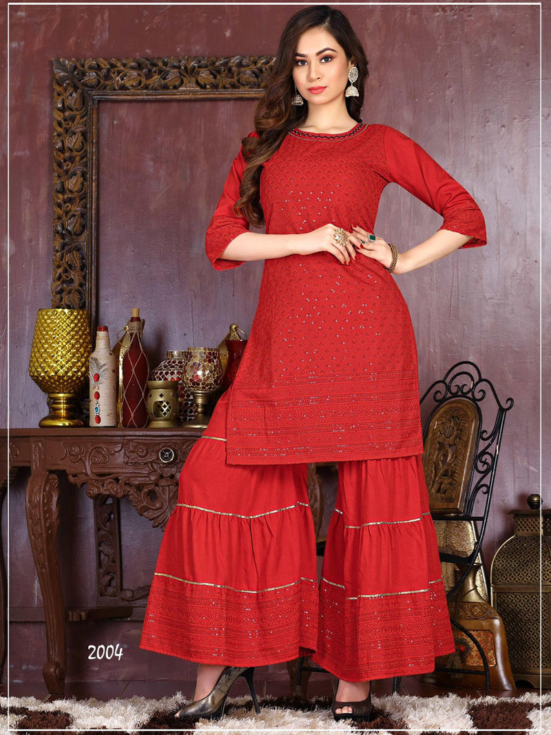 Riya East Chicken Rayon Party Wear Kurtis With Sharara Bottom