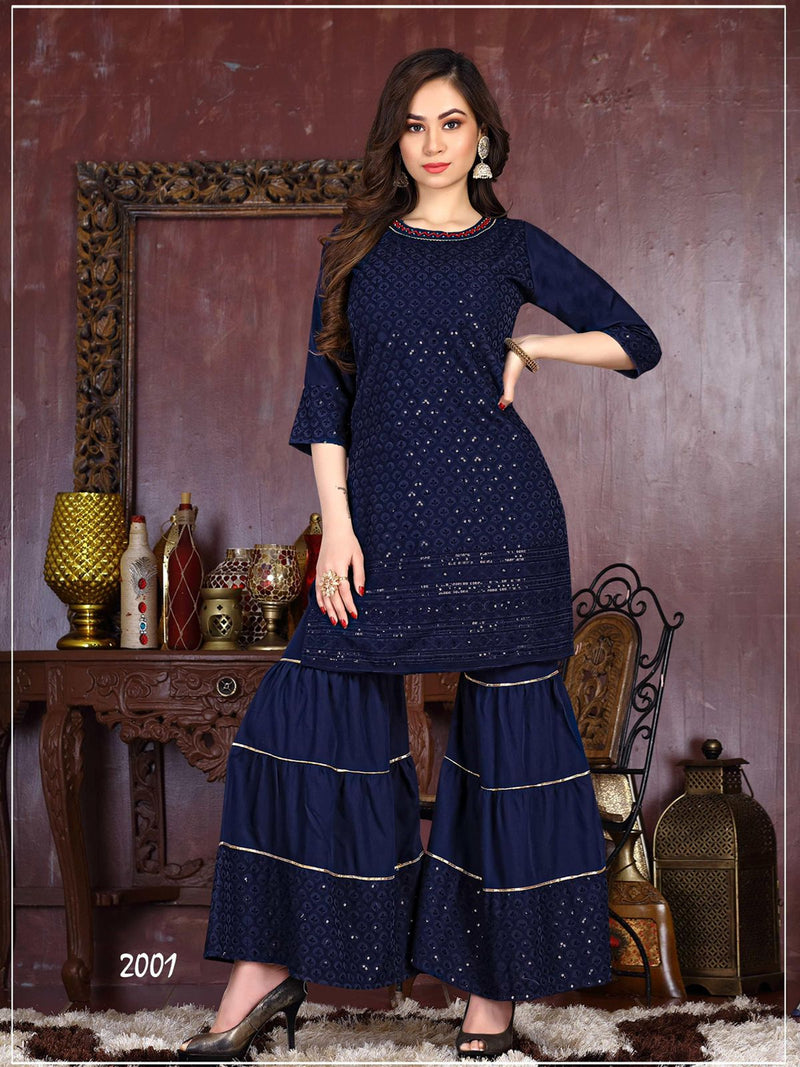 Riya East Chicken Rayon Party Wear Kurtis With Sharara Bottom