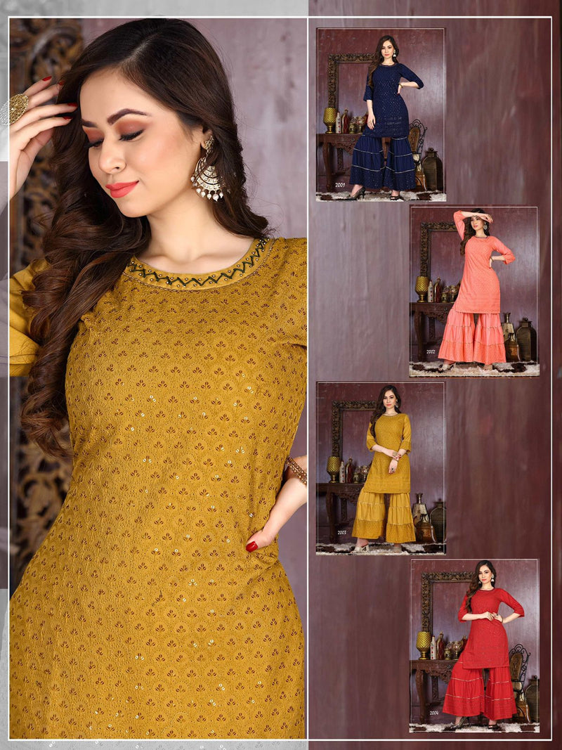 Riya East Chicken Rayon Party Wear Kurtis With Sharara Bottom