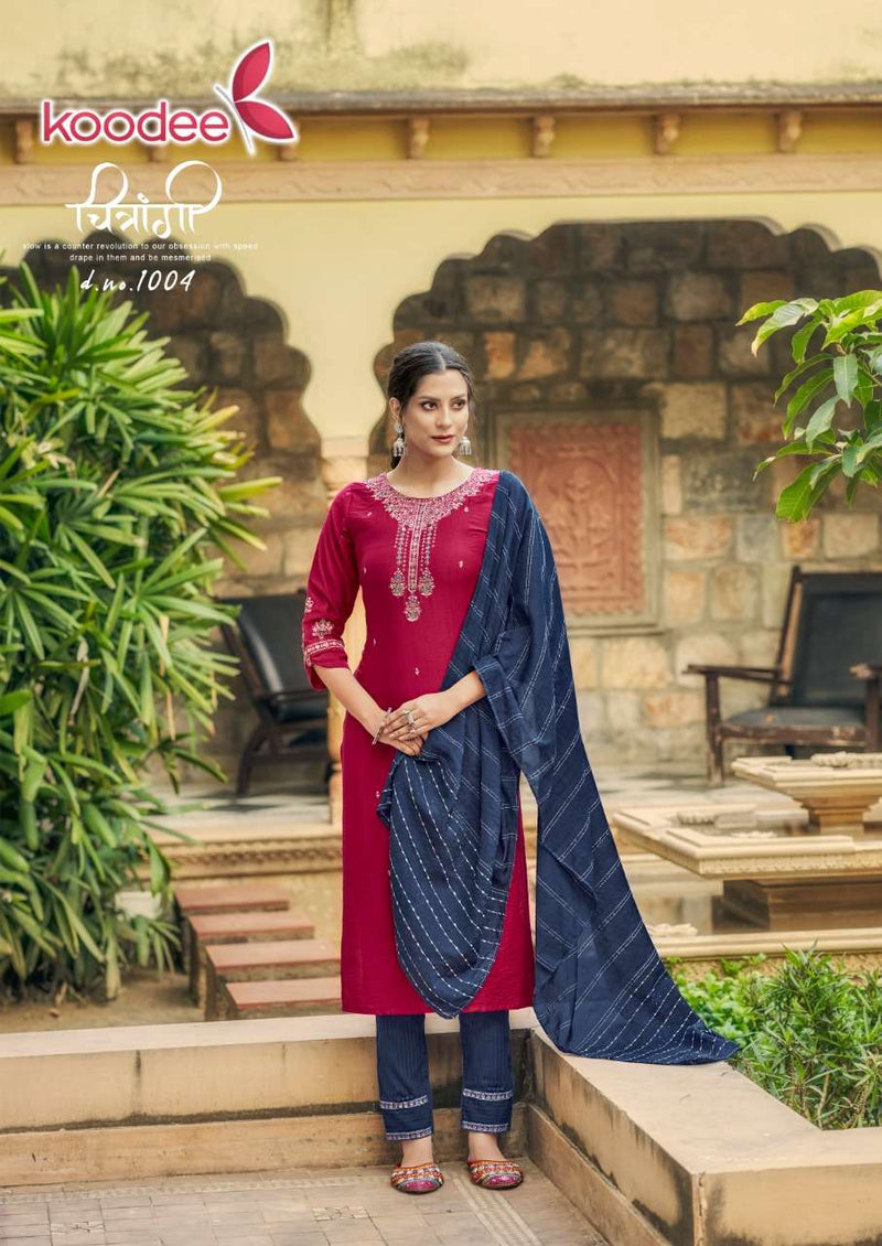 Koodee Fashion Riza Vol 3 Viscose Slub Fancy Designer Party Wear Kurtis With Sets Of Bottom & Dupatta