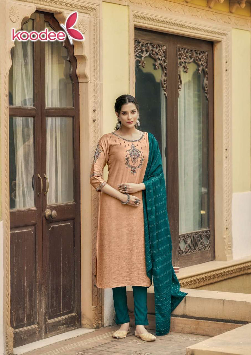 Koodee Fashion Riza Vol 3 Viscose Slub Fancy Designer Party Wear Kurtis With Sets Of Bottom & Dupatta