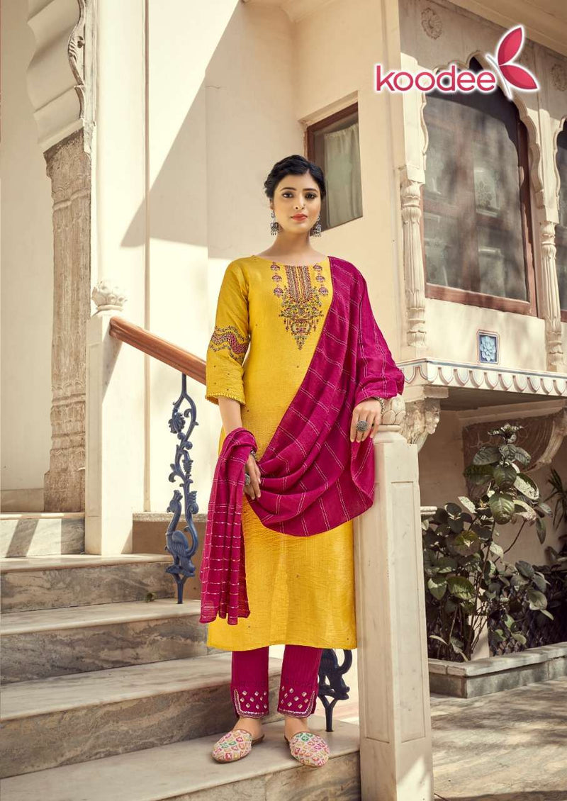 Koodee Fashion Riza Vol 3 Viscose Slub Fancy Designer Party Wear Kurtis With Sets Of Bottom & Dupatta