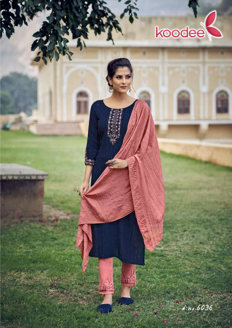 Koodee Fashion Riza Vol 3 Viscose Slub Fancy Designer Party Wear Kurtis With Sets Of Bottom & Dupatta