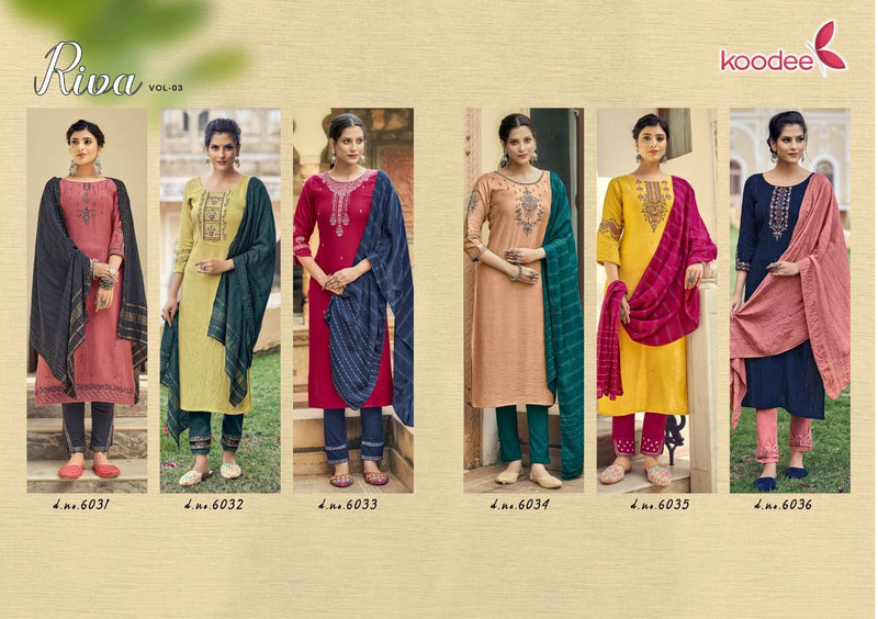 Koodee Fashion Riza Vol 3 Viscose Slub Fancy Designer Party Wear Kurtis With Sets Of Bottom & Dupatta