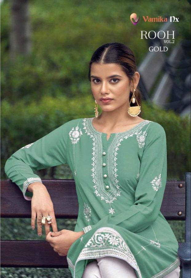 Vamika NX Rooh Vol 2 Gold Rayon Viscose Fancy Designer Party Wear Kurtis With Pants