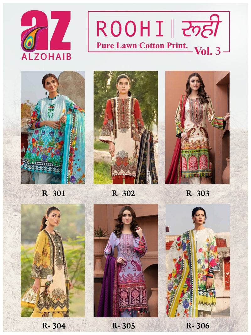 Al Zohaib Roohi Lawn Cotton Pakistani Style Printed Party Wear Salwar Suits