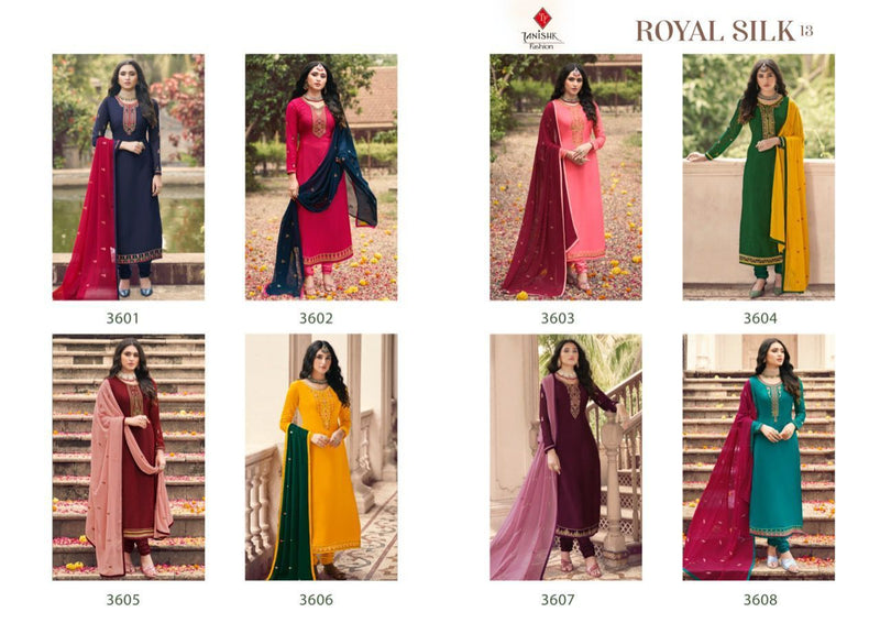 Tanishk fashion Dno 3601 to 3608 Crepe With Embroidery Work Stylish Designer Party Wear Salwar Kameez