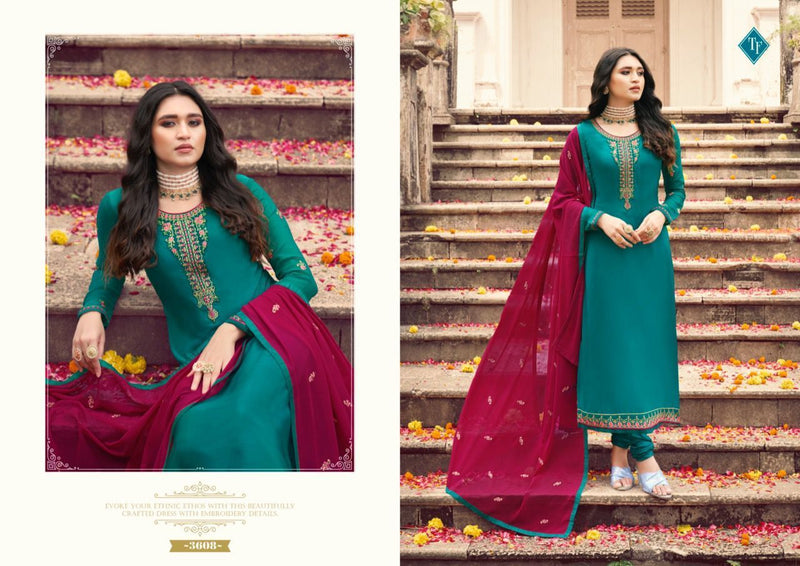 Tanishk fashion Dno 3601 to 3608 Crepe With Embroidery Work Stylish Designer Party Wear Salwar Kameez