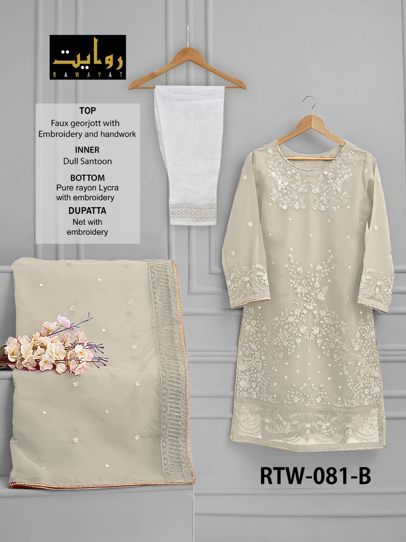 Rawayat Fashion RTW 081 B Fox Georgette Pakistani Style Party Wear Kurtis With Bottom & Dupatta