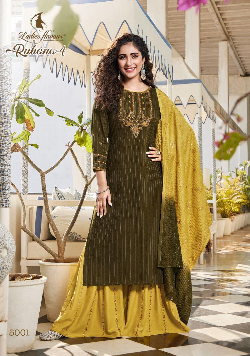 Ladies Flavour Ruhana Vol 4 Viscose Heavy Designer Party Wear Kurtis With Bottom & Dupatta