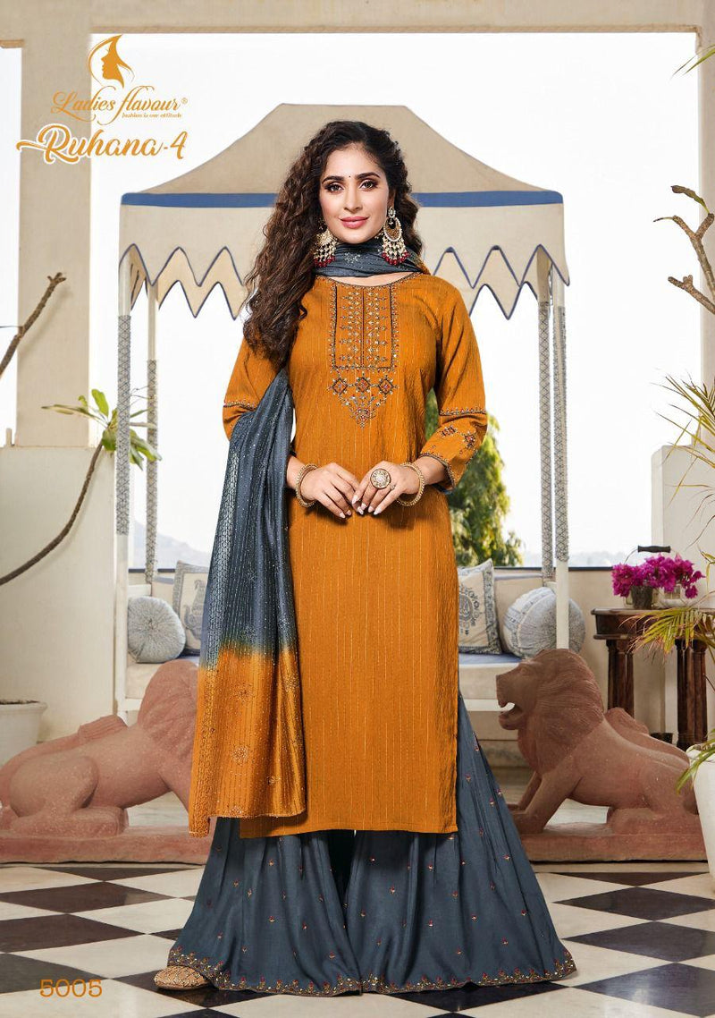 Ladies Flavour Ruhana Vol 4 Viscose Heavy Designer Party Wear Kurtis With Bottom & Dupatta