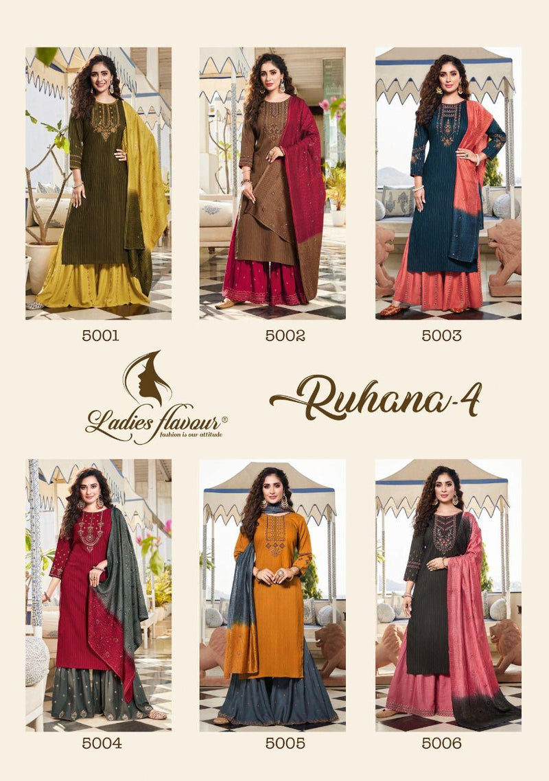 Ladies Flavour Ruhana Vol 4 Viscose Heavy Designer Party Wear Kurtis With Bottom & Dupatta