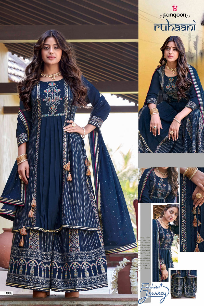 Rangoon Ruhani Rayon Printed Embroidery Khatli Handwork Mirror Designer Partywear Kurti