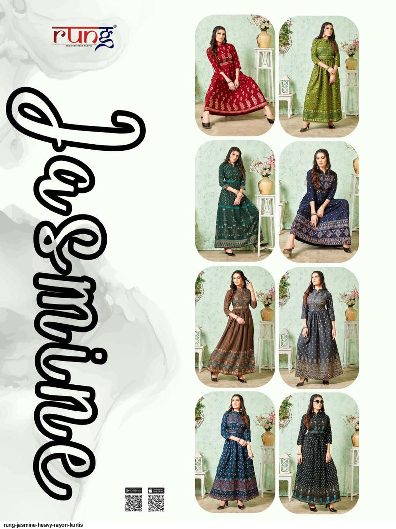 Rung Jasmine Rayon With Gold Foil Print Fancy Gown Style Party Wear Kurtis