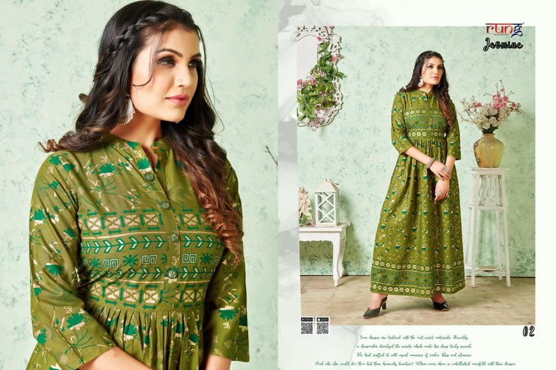 Rung Jasmine Rayon With Gold Foil Print Fancy Gown Style Party Wear Kurtis