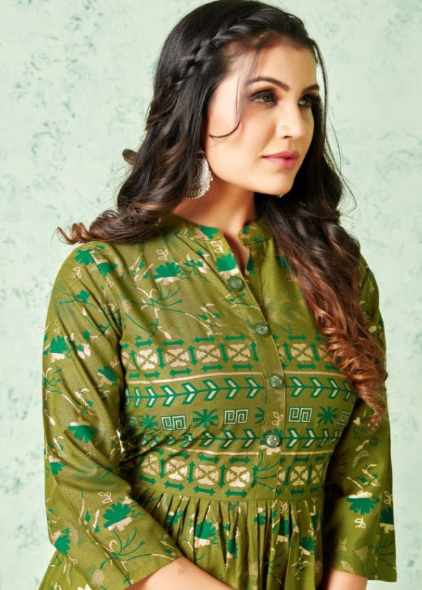 Rung Jasmine Rayon With Gold Foil Print Fancy Gown Style Party Wear Kurtis