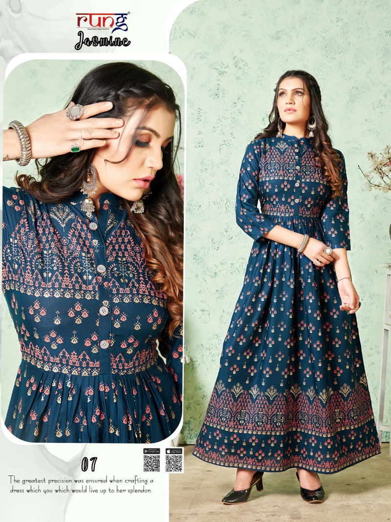 Rung Jasmine Rayon With Gold Foil Print Fancy Gown Style Party Wear Kurtis