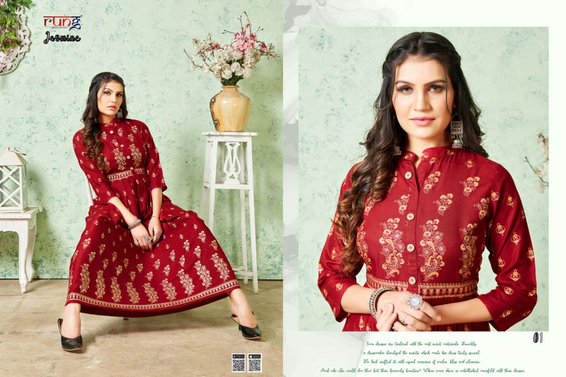 Rung Jasmine Rayon With Gold Foil Print Fancy Gown Style Party Wear Kurtis