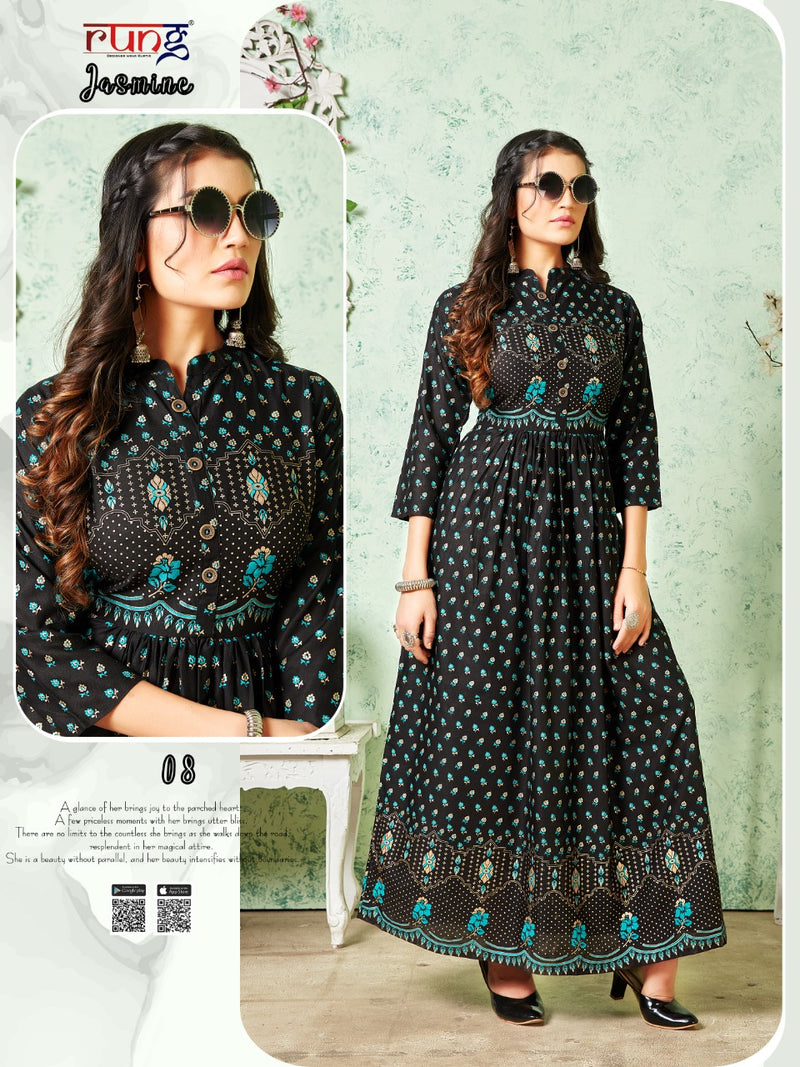 Rung Jasmine Rayon With Gold Foil Print Fancy Gown Style Party Wear Kurtis
