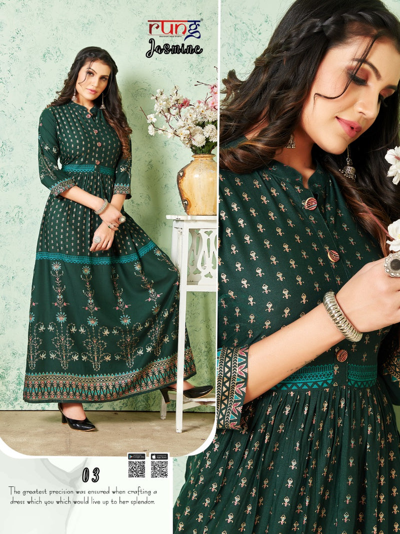 Rung Jasmine Rayon With Gold Foil Print Fancy Gown Style Party Wear Kurtis