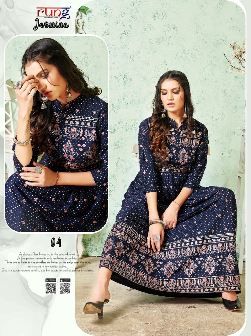 Rung Jasmine Rayon With Gold Foil Print Fancy Gown Style Party Wear Kurtis