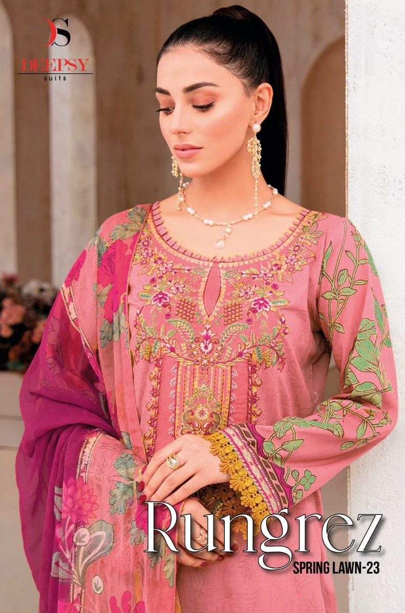 Deepsy Suits Rungrez Spring Lawn 23 Pure Cotton Heavy Self Embroidery Patch Pakistani Salwar Suit
