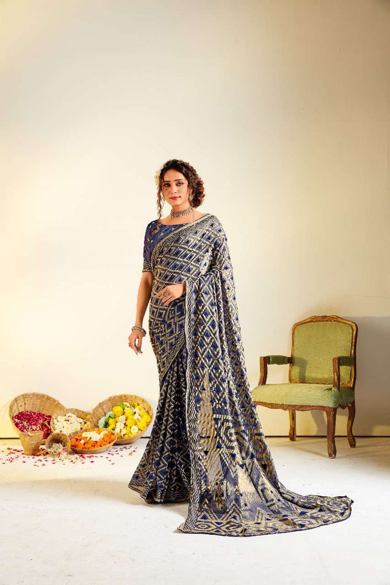 Rajyog Fabrics Silver Brasoo Silk Fancy Saree