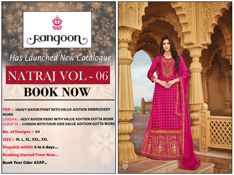 Rangoon Natraj Vol 06 Heavy Rayon Print Embroidery Work Kurti