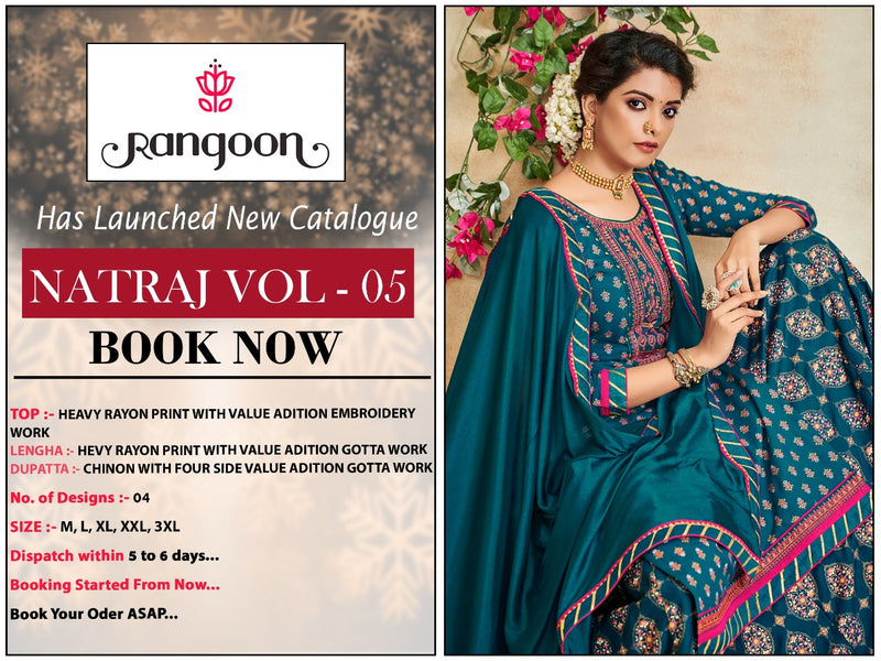 Rangoon Natraj Vol 5 Heavy Rayon Print With Value Addition Salwar Suit