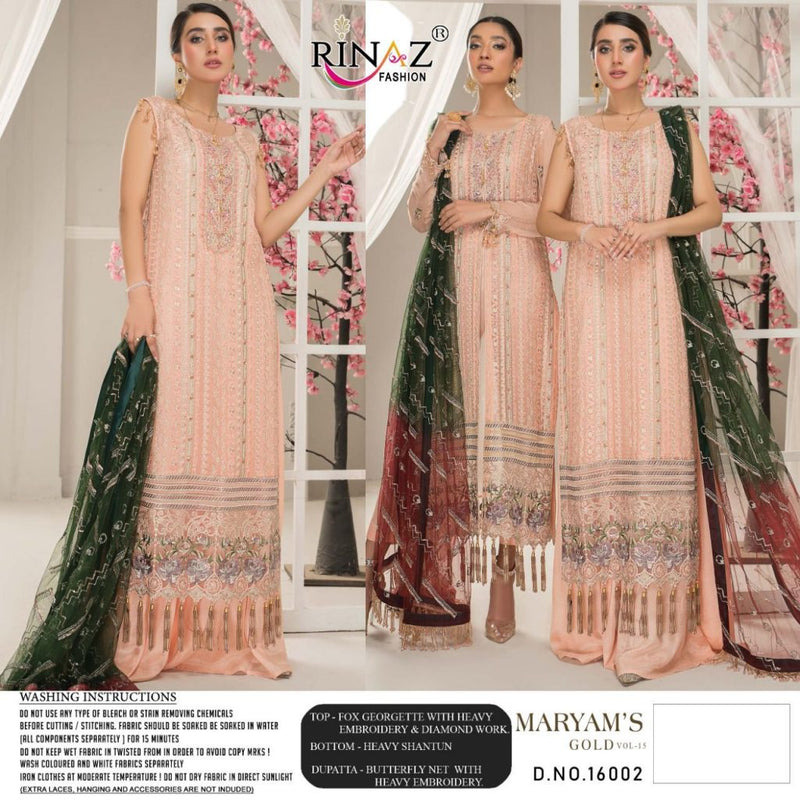 Rinaz Fashion Presents By Mariyam Gold Vol 15 Fox Georgette With Heavy Embroidery And Diamond Work Salwar Kameez