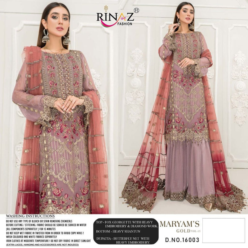 Rinaz Fashion Presents By Mariyam Gold Vol 15 Fox Georgette With Heavy Embroidery And Diamond Work Salwar Kameez