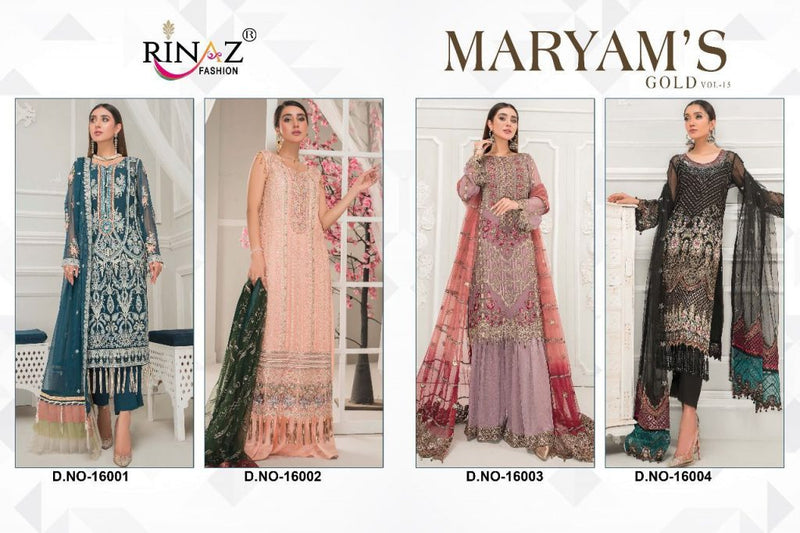 Rinaz Fashion Presents By Mariyam Gold Vol 15 Fox Georgette With Heavy Embroidery And Diamond Work Salwar Kameez