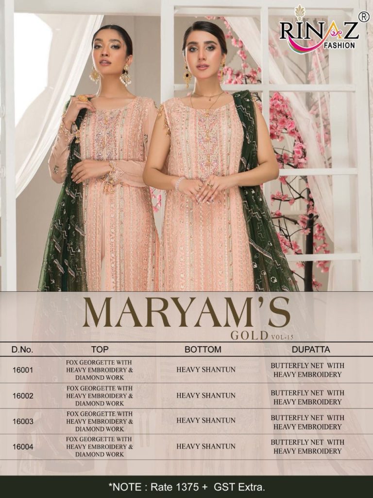 Rinaz Fashion Presents By Mariyam Gold Vol 15 Fox Georgette With Heavy Embroidery And Diamond Work Salwar Kameez