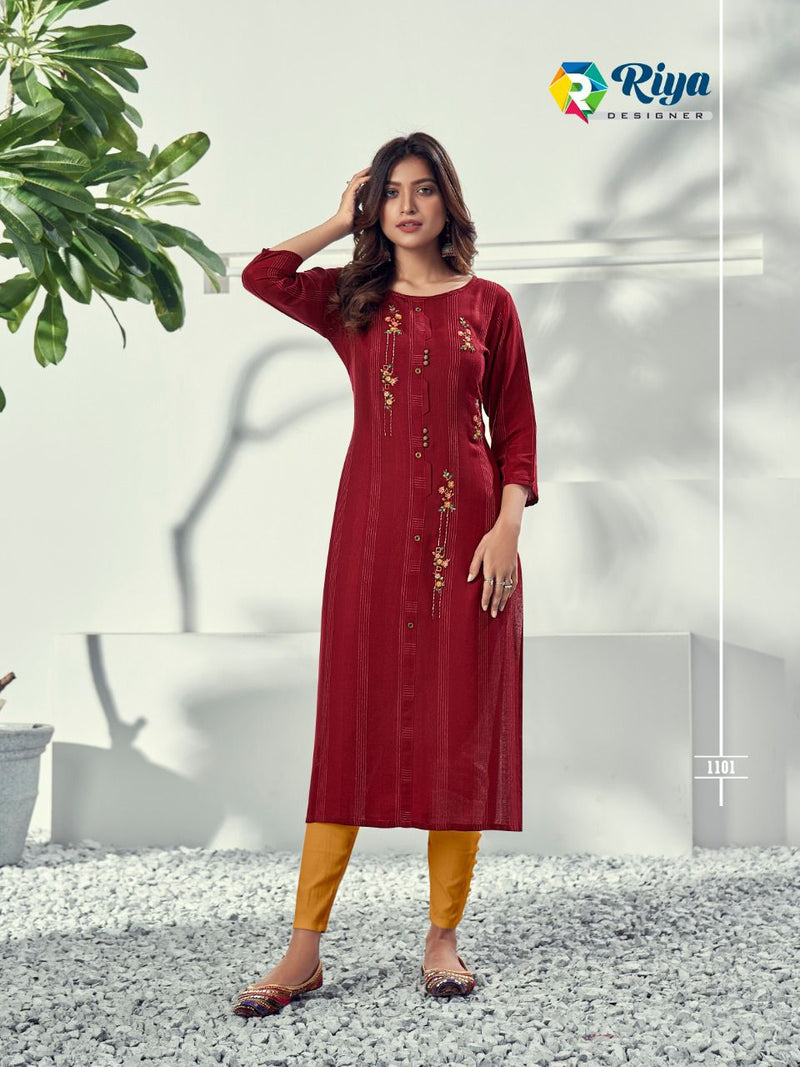 Riya Designer Alivia Rayon Weaving Pattern With Embroidery Work Kurti