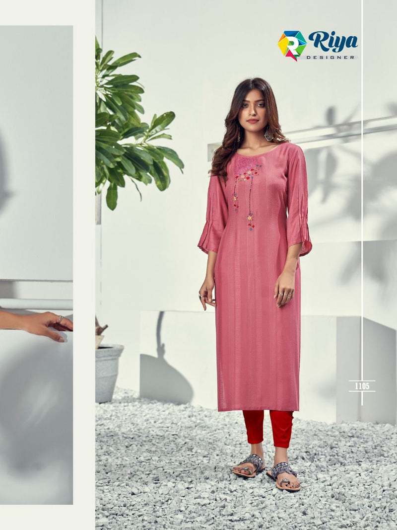 Riya Designer Alivia Rayon Weaving Pattern With Embroidery Work Kurti
