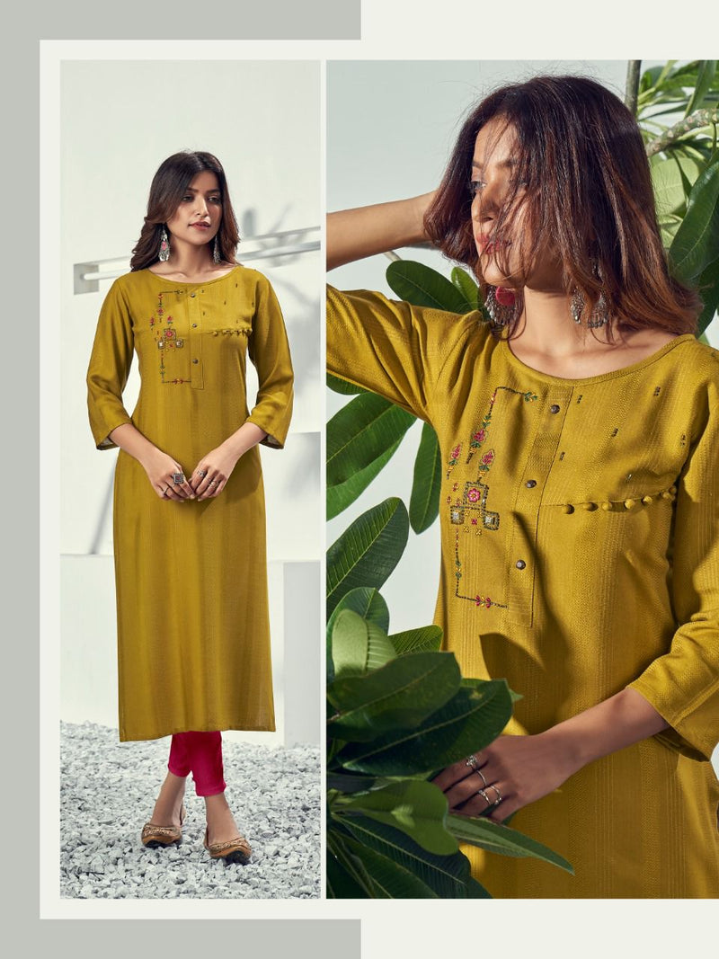 Riya Designer Alivia Rayon Weaving Pattern With Embroidery Work Kurti