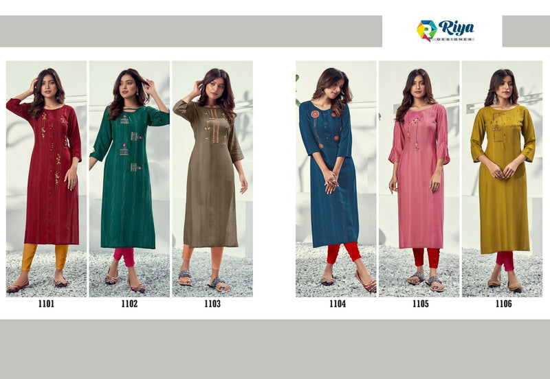 Riya Designer Alivia Rayon Weaving Pattern With Embroidery Work Kurti