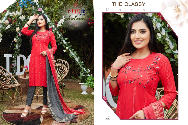 Rung Launch Arlene Rayon With Hand Work Regular Wear Designer Kurti With Dupatta