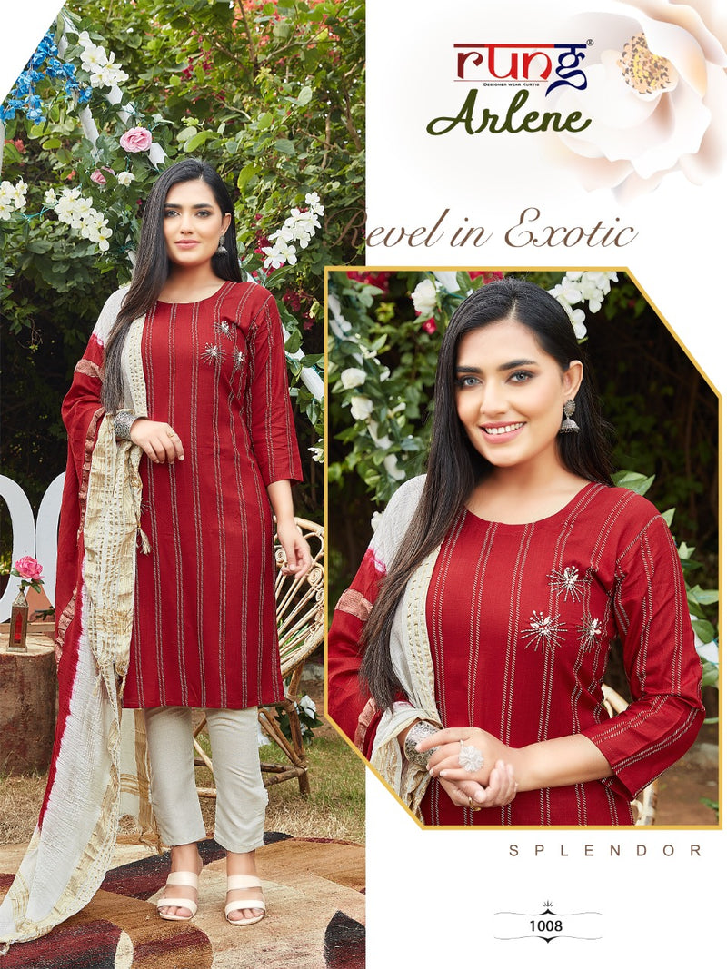 Rung Launch Arlene Rayon With Hand Work Regular Wear Designer Kurti With Dupatta