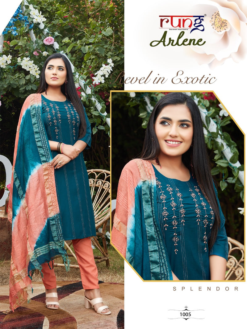 Rung Launch Arlene Rayon With Hand Work Regular Wear Designer Kurti With Dupatta