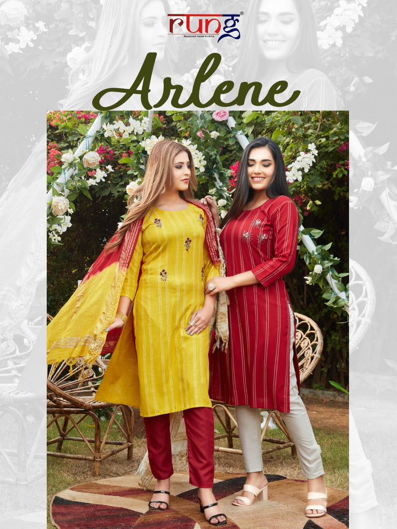 Rung Launch Arlene Rayon With Hand Work Regular Wear Designer Kurti With Dupatta