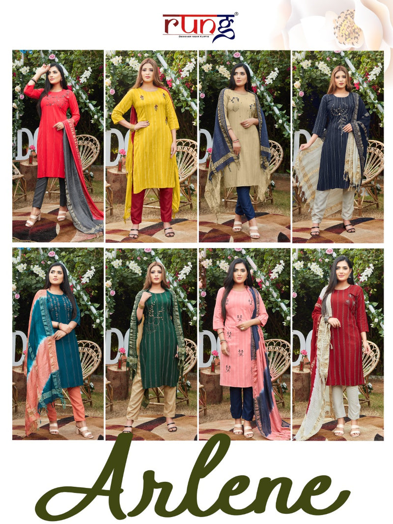 Rung Launch Arlene Rayon With Hand Work Regular Wear Designer Kurti With Dupatta