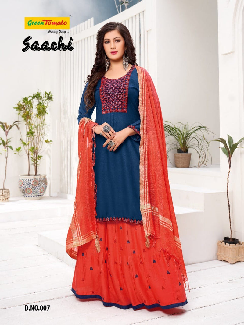 Green Tomato Saanchi Heavy Rayon Festive Wear  Kurtis With Set Of Dupatta & Skirt With Heavy Embroidery