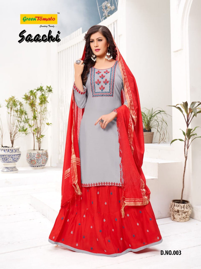 Green Tomato Saanchi Heavy Rayon Festive Wear  Kurtis With Set Of Dupatta & Skirt With Heavy Embroidery