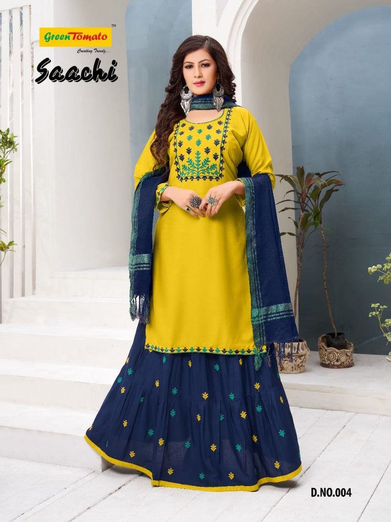 Green Tomato Saanchi Heavy Rayon Festive Wear  Kurtis With Set Of Dupatta & Skirt With Heavy Embroidery